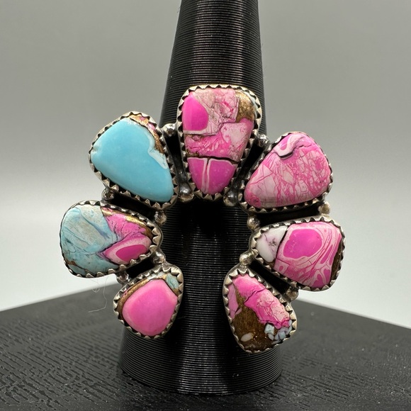 925 Sterling Silver Jewelry - Cotton Candy Dahlia Turquoise Sterling Silver 925 Naja Adjustable Ring Handmade